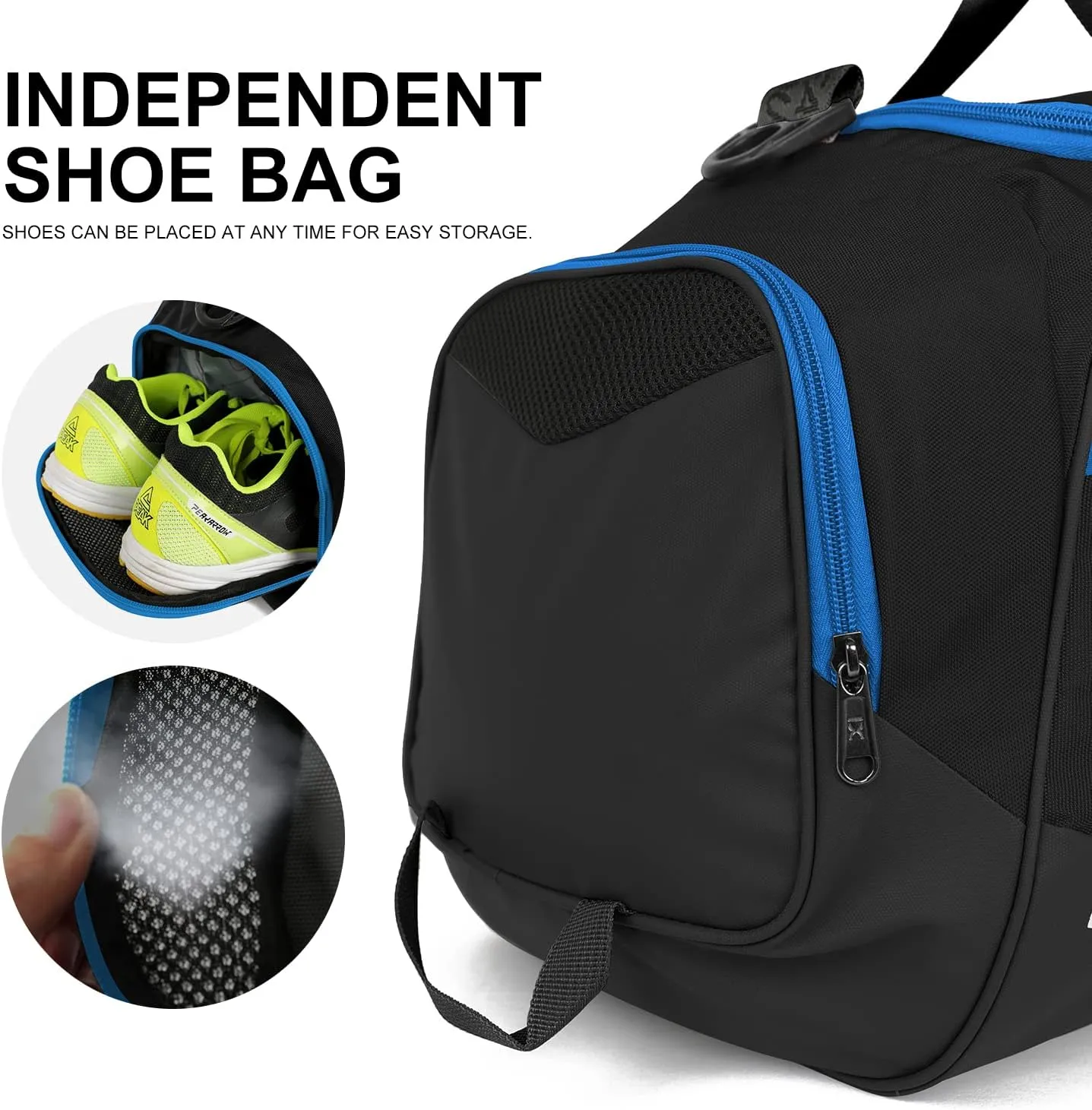Sports Gym Bag，INOXTO Travel Duffel Bag with Dry Wet Pocket And Shoe CompartmentFor Women and Men，40L/55L Fitness Waterproof Weekender Bag For Swim Sports Travel Working Out (Black blue, 40L)