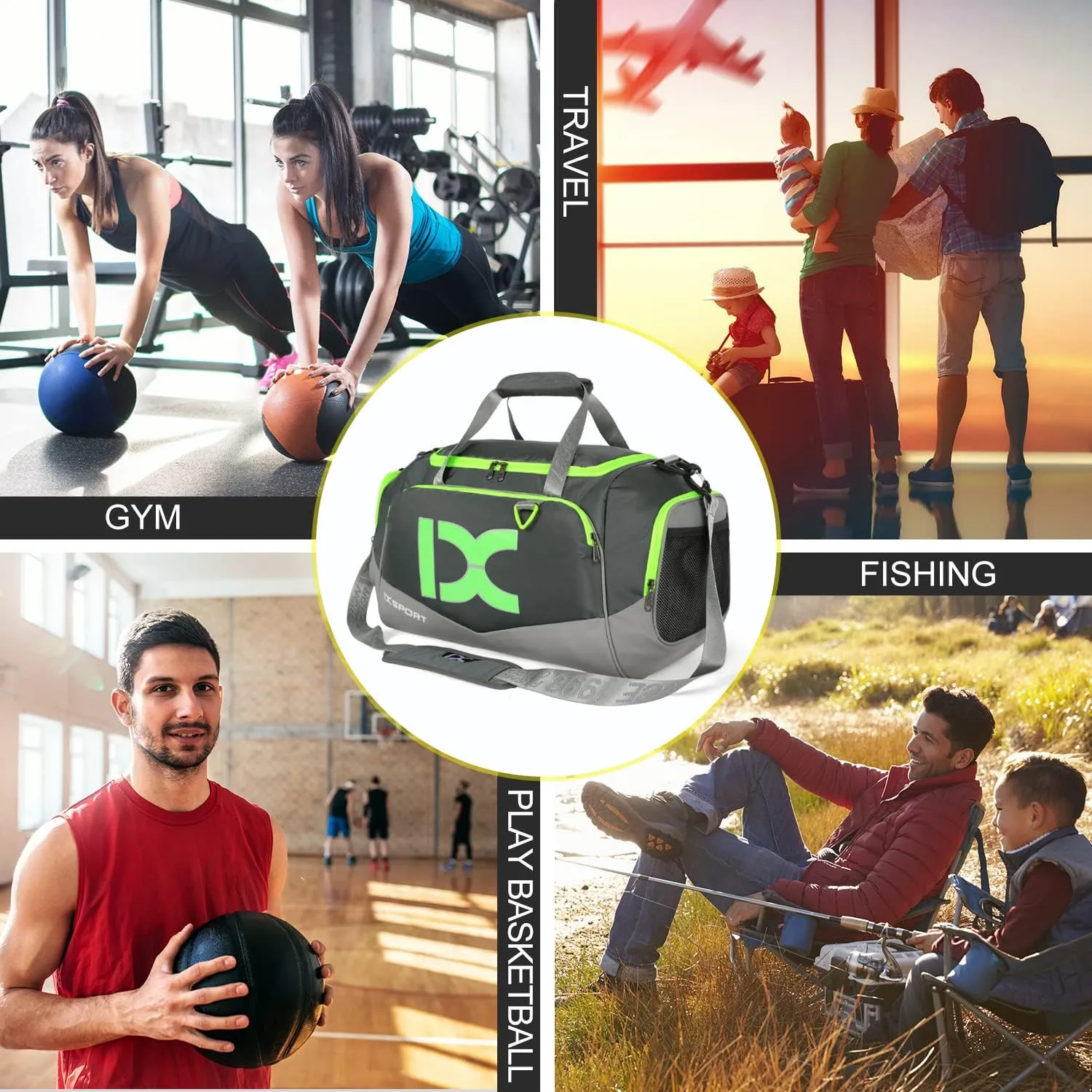 Sports Gym Bag，INOXTO Travel Duffel Bag with Dry Wet Pocket And Shoe CompartmentFor Women and Men，40L/55L Fitness Waterproof Weekender Bag For Swim Sports Travel Working Out (Gray green, 40L)