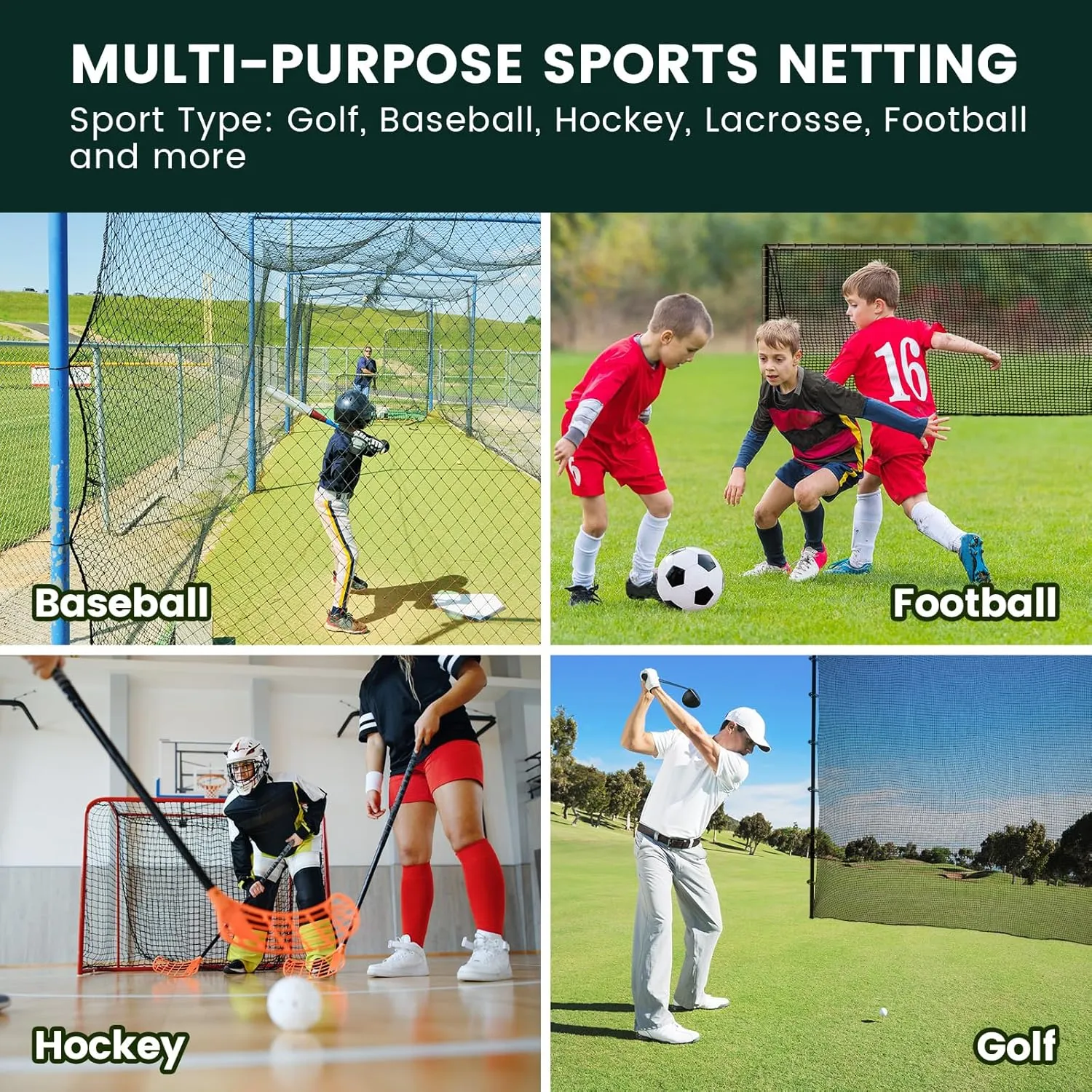 Sports Netting,Hitting Net with 33Feet Nylon Rope for Golf, Baseball, Hockey, Soccer, LAX and More