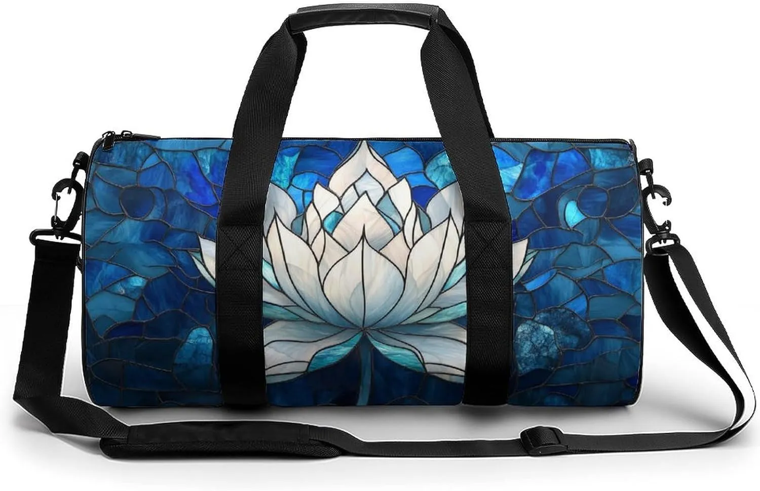 Stained Glass Lotus Mandala Blue Travel Gym Bag for Women Men Cylindrical Duffle Bag Sport Workout Bag with Shoulder Strap