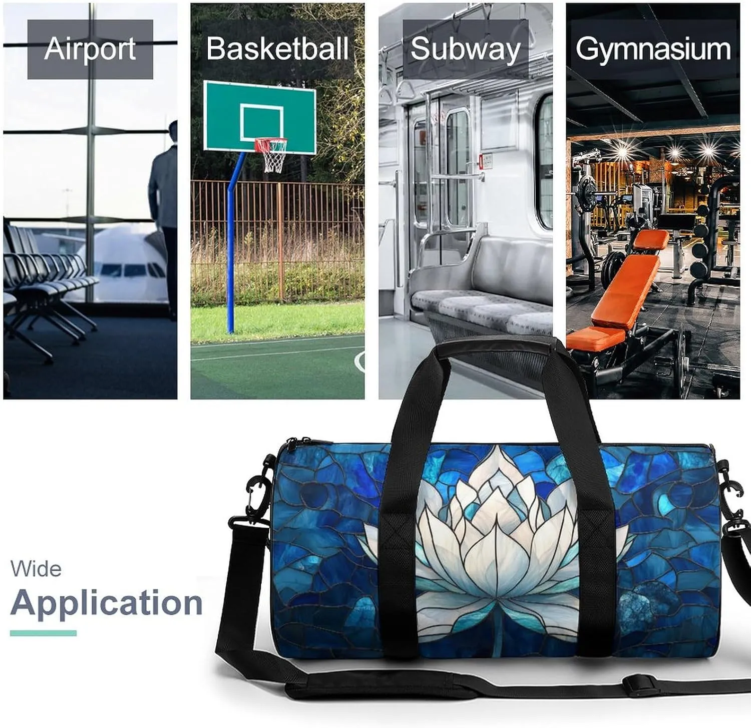 Stained Glass Lotus Mandala Blue Travel Gym Bag for Women Men Cylindrical Duffle Bag Sport Workout Bag with Shoulder Strap