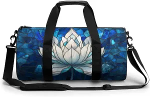 Stained Glass Lotus Mandala Blue Travel Gym Bag for Women Men Cylindrical Duffle Bag Sport Workout Bag with Shoulder Strap