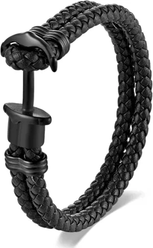Stainless Steel Nautical Marine Anchor Hook Black Leather Bangle Bracelet for men, Mininalist Style