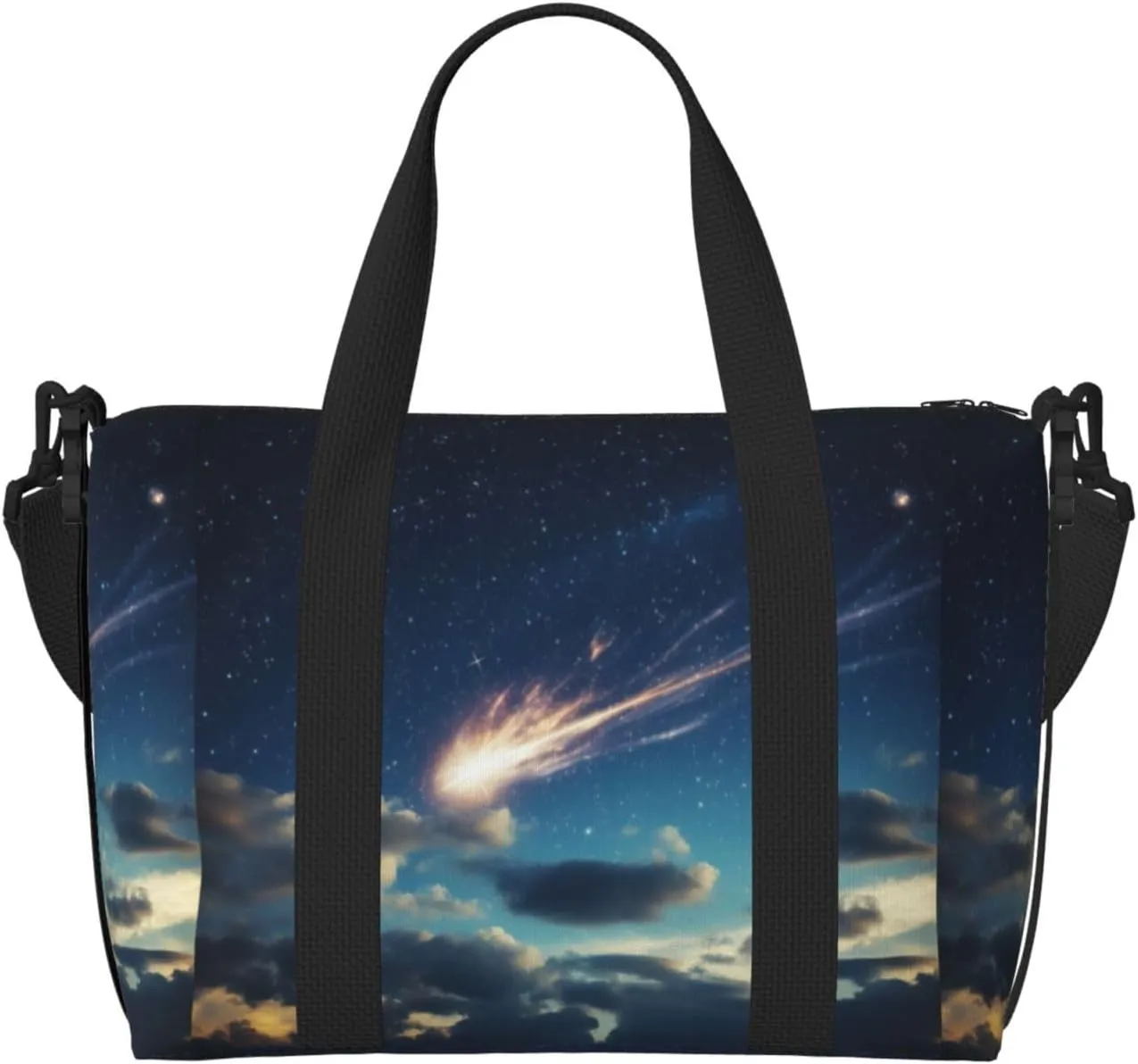 Starry Sky Meteor Stars Print Tote Crossbody Travel Bag with Zip Casual Handbag for Weekend Trips and Gym Shopping, Black, One Size, Travel Tote