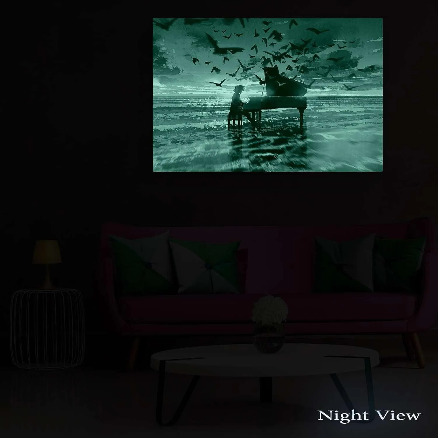 Startonight Canvas Wall Art Abstract - Fantasy Piano on the Beach Painting - Stretched Print, Modern for Bedroom or Living Room, Office Ready to Hang Home Decor Unique Luminous Artwork 32" x 48"