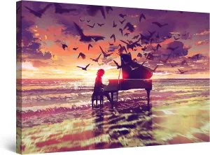 Startonight Canvas Wall Art Abstract - Fantasy Piano on the Beach Painting - Stretched Print, Modern for Bedroom or Living Room, Office Ready to Hang Home Decor Unique Luminous Artwork 32" x 48"