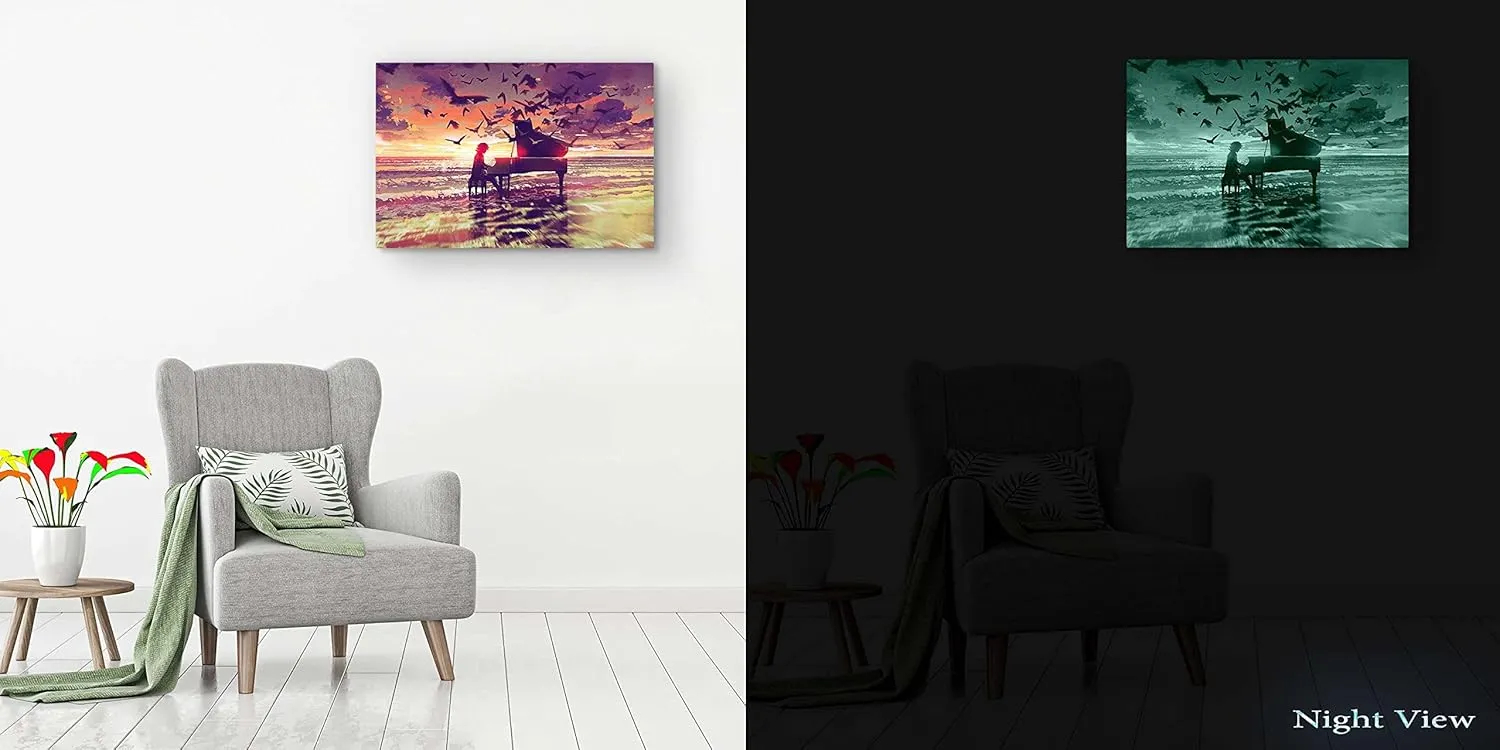 Startonight Canvas Wall Art Abstract - Fantasy Piano on the Beach Painting - Stretched Print, Modern for Bedroom or Living Room, Office Ready to Hang Home Decor Unique Luminous Artwork 32" x 48"