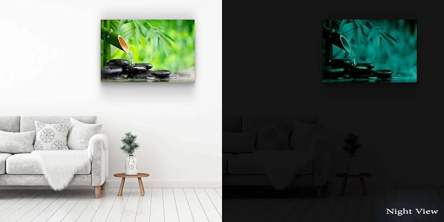 Startonight Canvas Wall Art - Zen Stones and Green Bamboo, Spa Stretched Print, Modern for Bedroom or Dining Room, Office Ready to Hang Home Decor Unique Luminous Artwork 32" x 48"