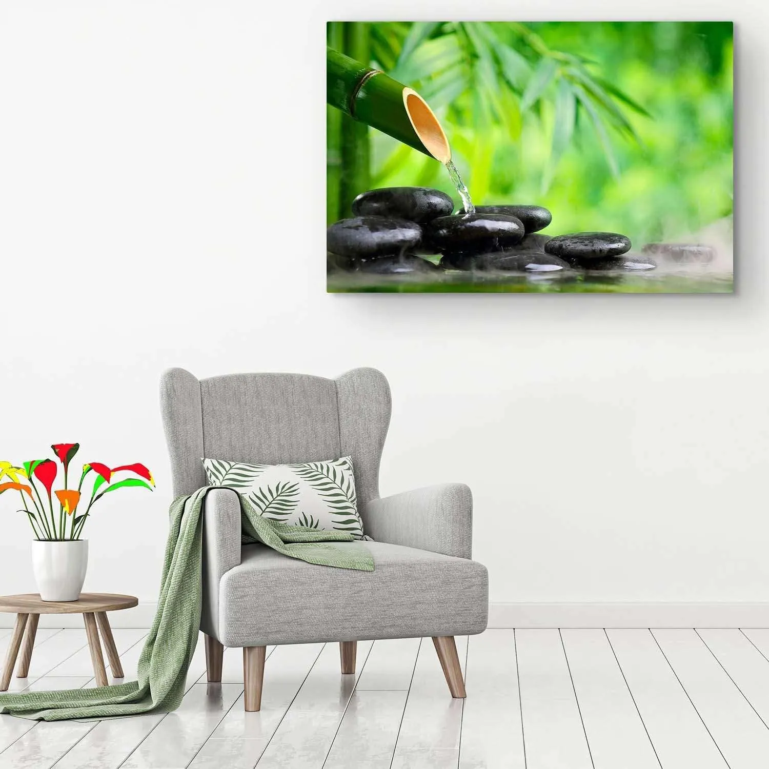 Startonight Canvas Wall Art - Zen Stones and Green Bamboo, Spa Stretched Print, Modern for Bedroom or Dining Room, Office Ready to Hang Home Decor Unique Luminous Artwork 32" x 48"