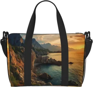 Stones Blue Sea Ocean Sunrise Mountain Print Tote Crossbody Travel Bag with Zip Casual Handbag for Weekend Trips and Gym Shopping, Black, One Size, Travel Tote