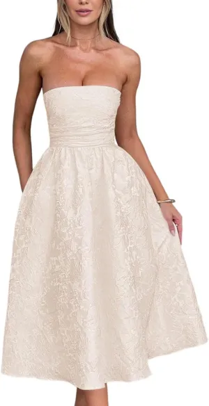 Strapless Jacquard Prom Dresses with Pockets A-Line Midi Cocktail Party Dress