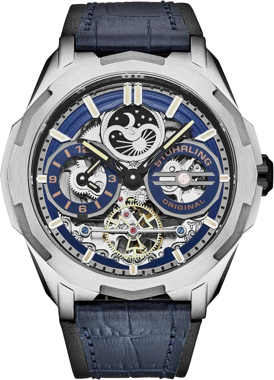 Stuhrling Original Dual Time Automatic Navigator Watch, 46mm Stainless Steel Case, Dual Time, Skeleton Dial, Sun/Moon Phase Indicator