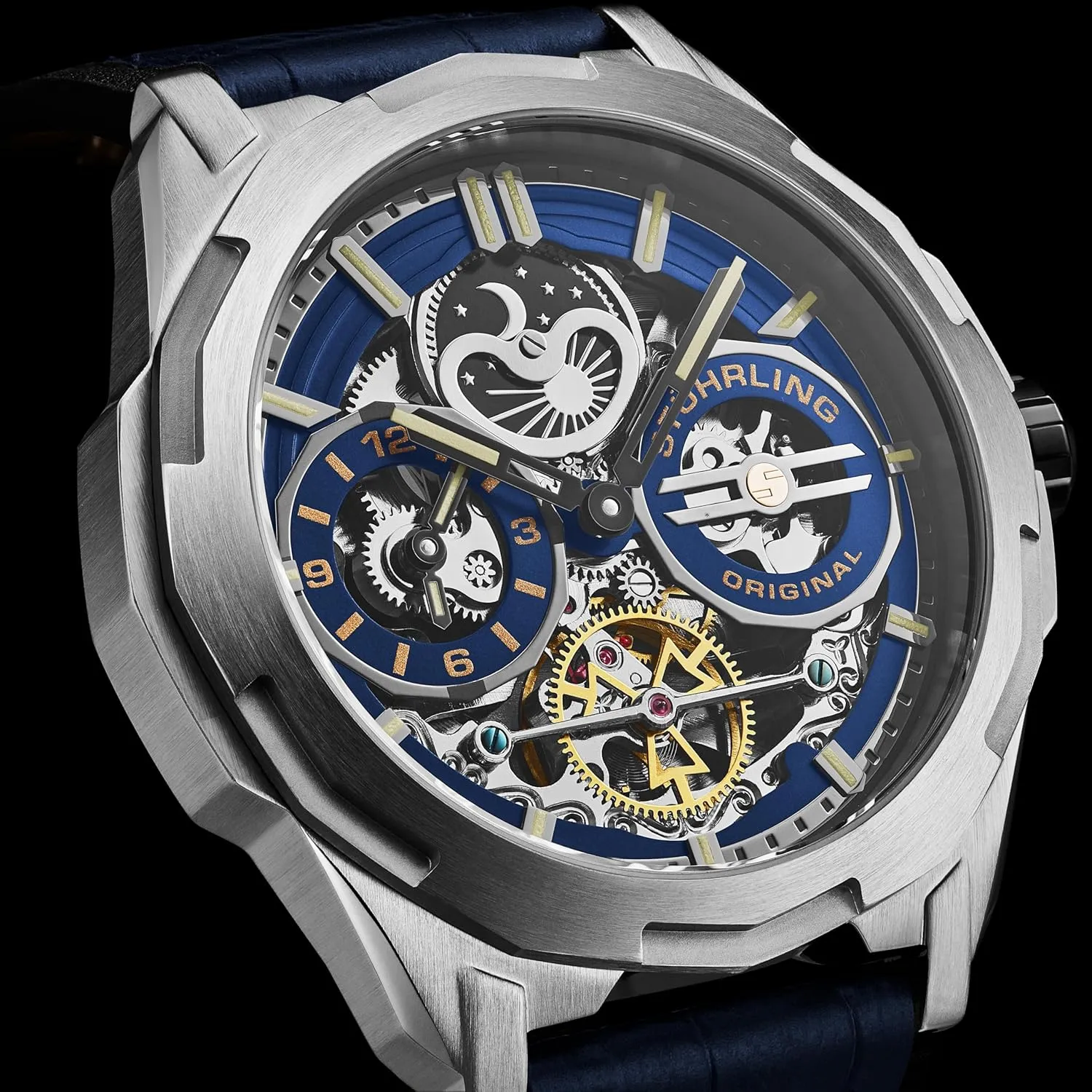 Stuhrling Original Dual Time Automatic Navigator Watch, 46mm Stainless Steel Case, Dual Time, Skeleton Dial, Sun/Moon Phase Indicator