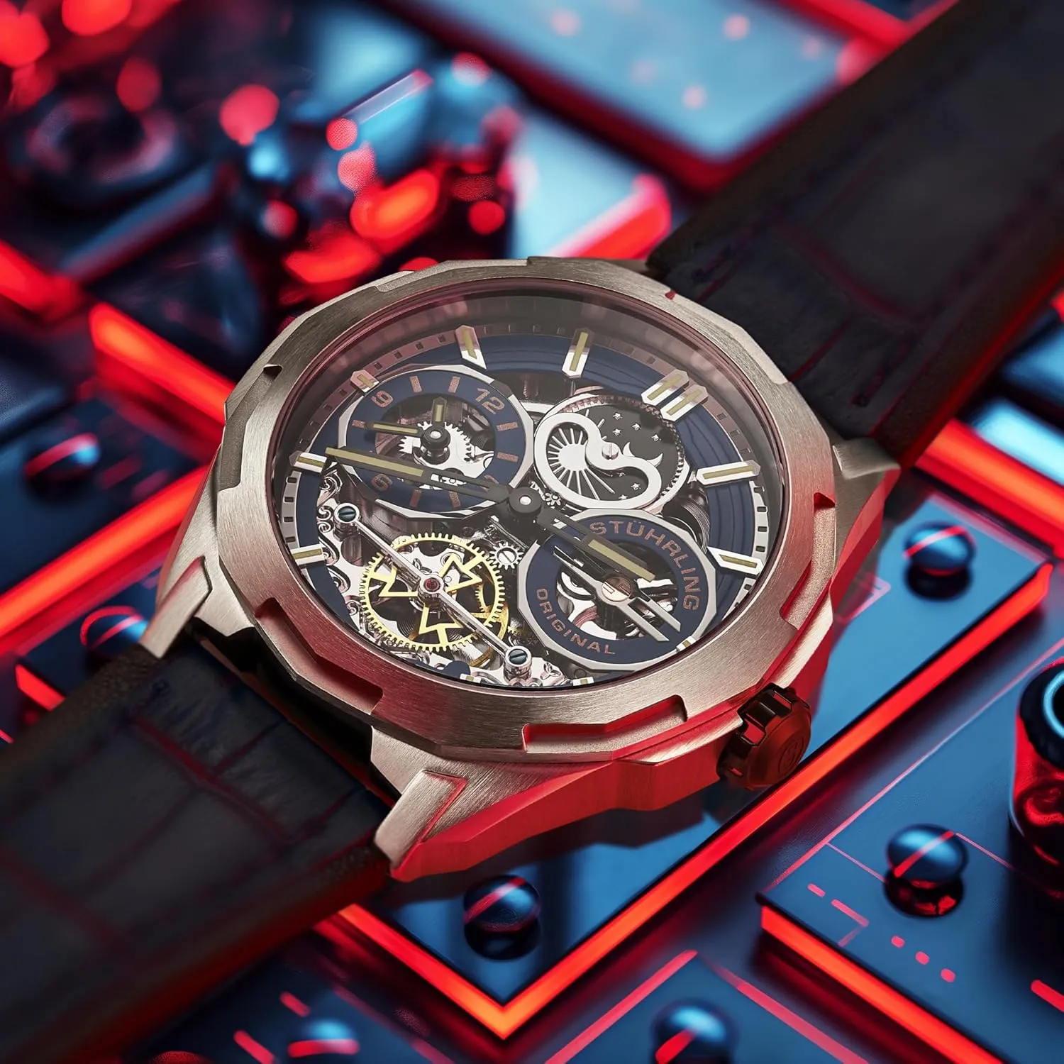 Stuhrling Original Dual Time Automatic Navigator Watch, 46mm Stainless Steel Case, Dual Time, Skeleton Dial, Sun/Moon Phase Indicator