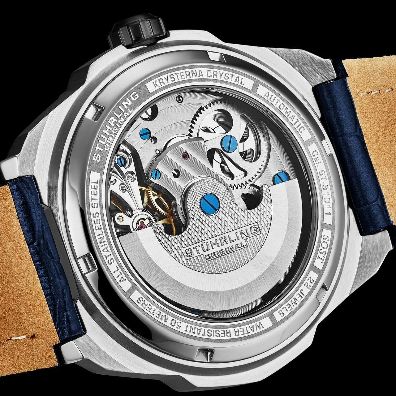 Stuhrling Original Dual Time Automatic Navigator Watch, 46mm Stainless Steel Case, Dual Time, Skeleton Dial, Sun/Moon Phase Indicator