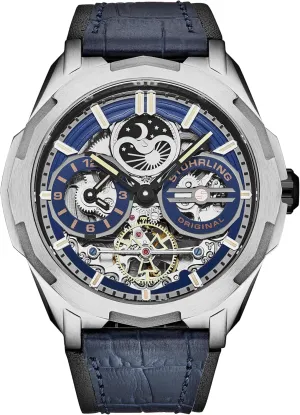 Stuhrling Original Dual Time Automatic Navigator Watch, 46mm Stainless Steel Case, Dual Time, Skeleton Dial, Sun/Moon Phase Indicator