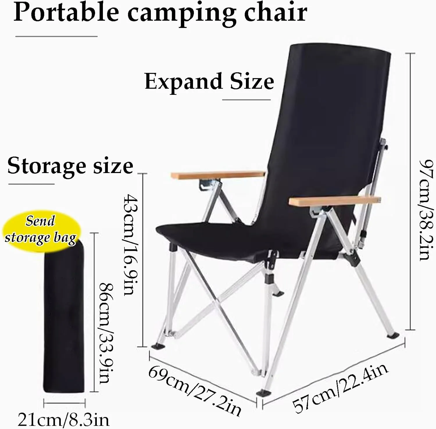 Sturdy Frame Camping Chairs Foldable High Back Chair Aluminum Alloy Picnic for Adults with Arm Rest & Storage Bag