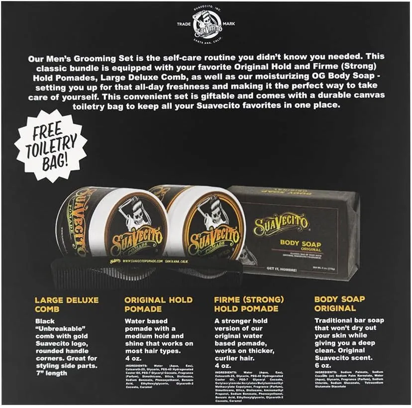 Suavecito Men's Hair Grooming Set OG & Firme (Strong) Hold Pomade, Body Soap, Large Deluxe Comb & Black Canvas Bag