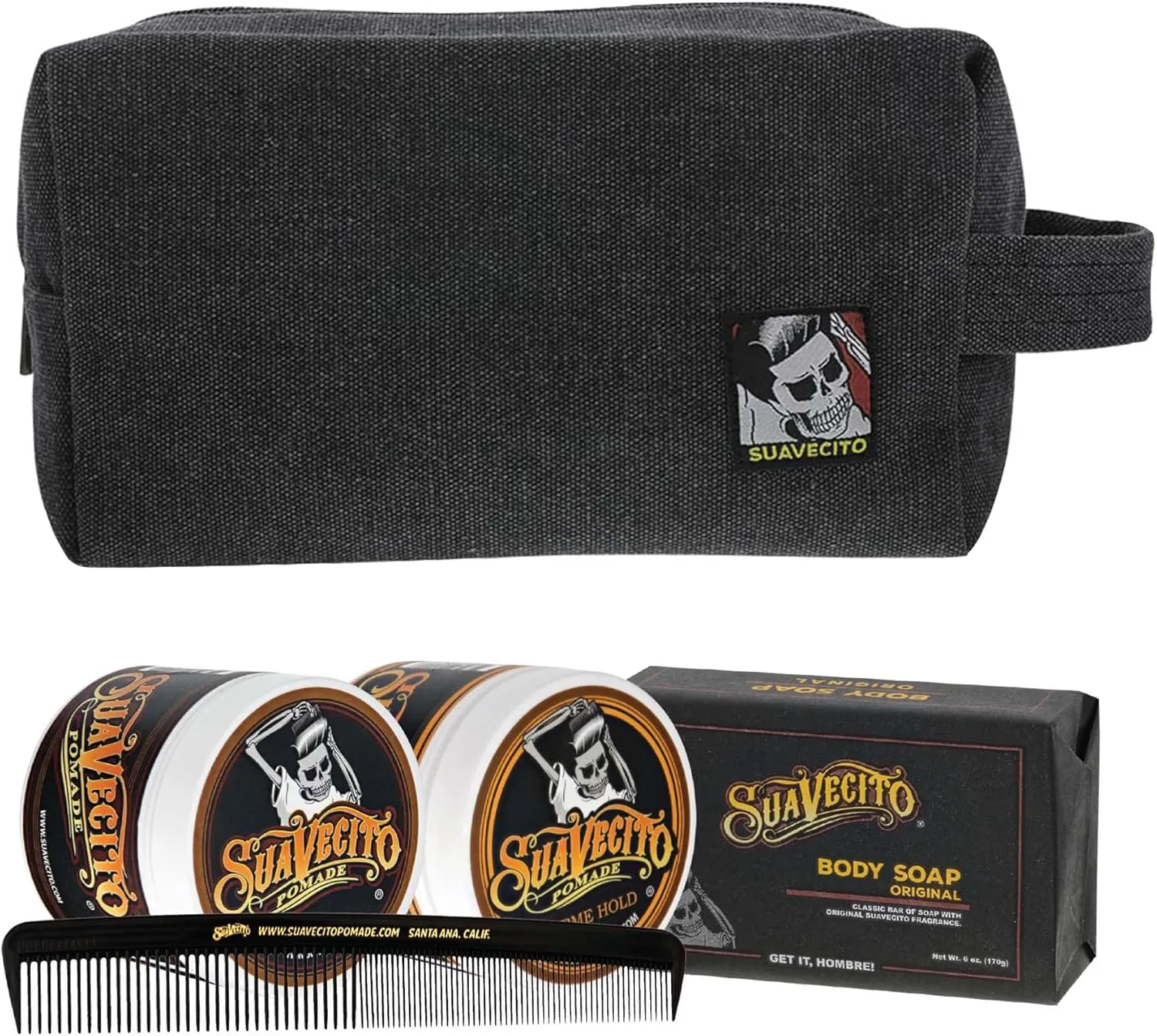 Suavecito Men's Hair Grooming Set OG & Firme (Strong) Hold Pomade, Body Soap, Large Deluxe Comb & Black Canvas Bag