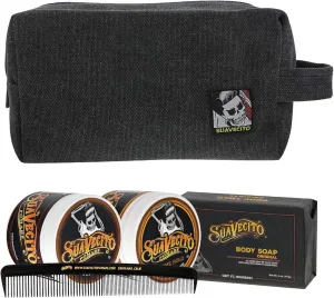Suavecito Men's Hair Grooming Set OG & Firme (Strong) Hold Pomade, Body Soap, Large Deluxe Comb & Black Canvas Bag