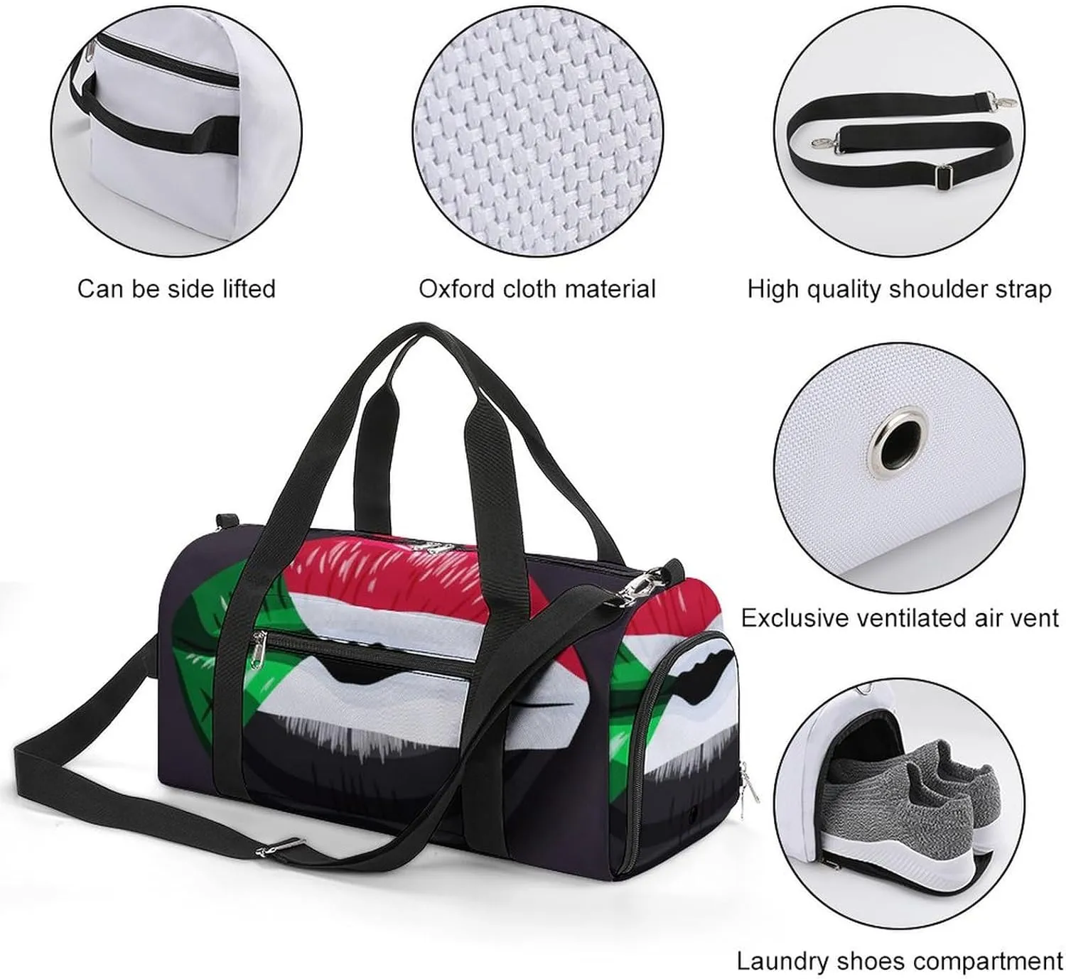 Sudan Flag Lips Sports Duffel Bag with Wet Pocket and Shoe Compartment Travel Weekender