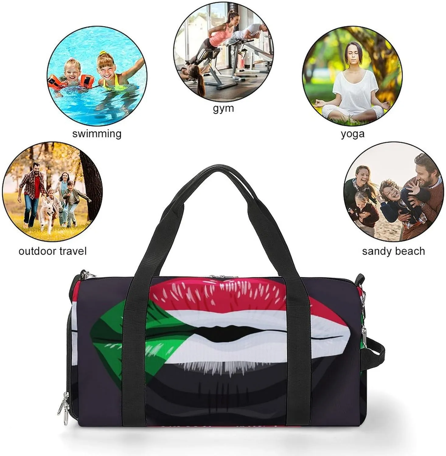 Sudan Flag Lips Sports Duffel Bag with Wet Pocket and Shoe Compartment Travel Weekender