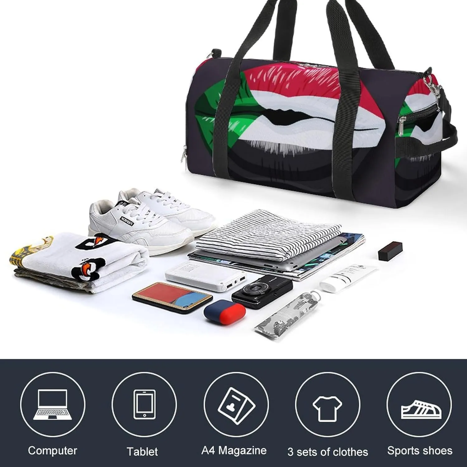 Sudan Flag Lips Sports Duffel Bag with Wet Pocket and Shoe Compartment Travel Weekender