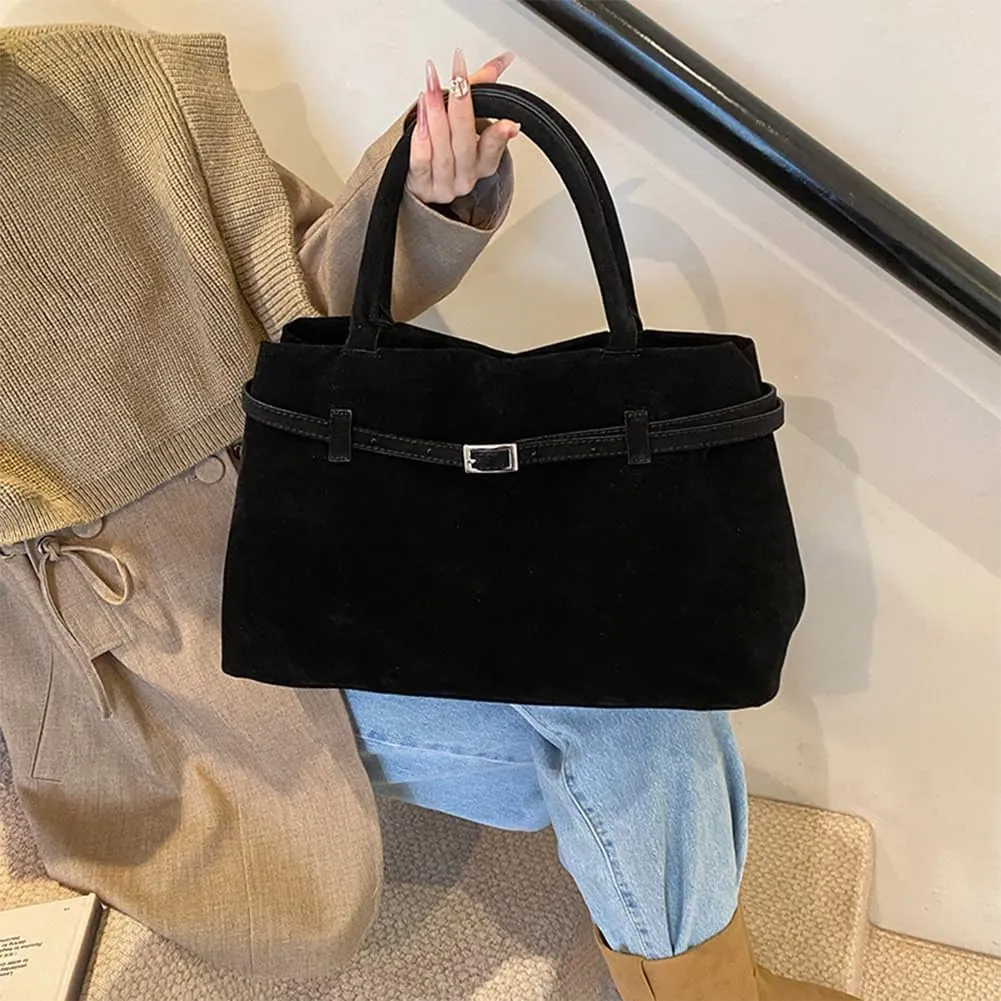 Suede Tote Bag for Women Slouchy Work Tote Bag Faux Suede Top Handle Bag Retro Brown Suede Handbag Purse