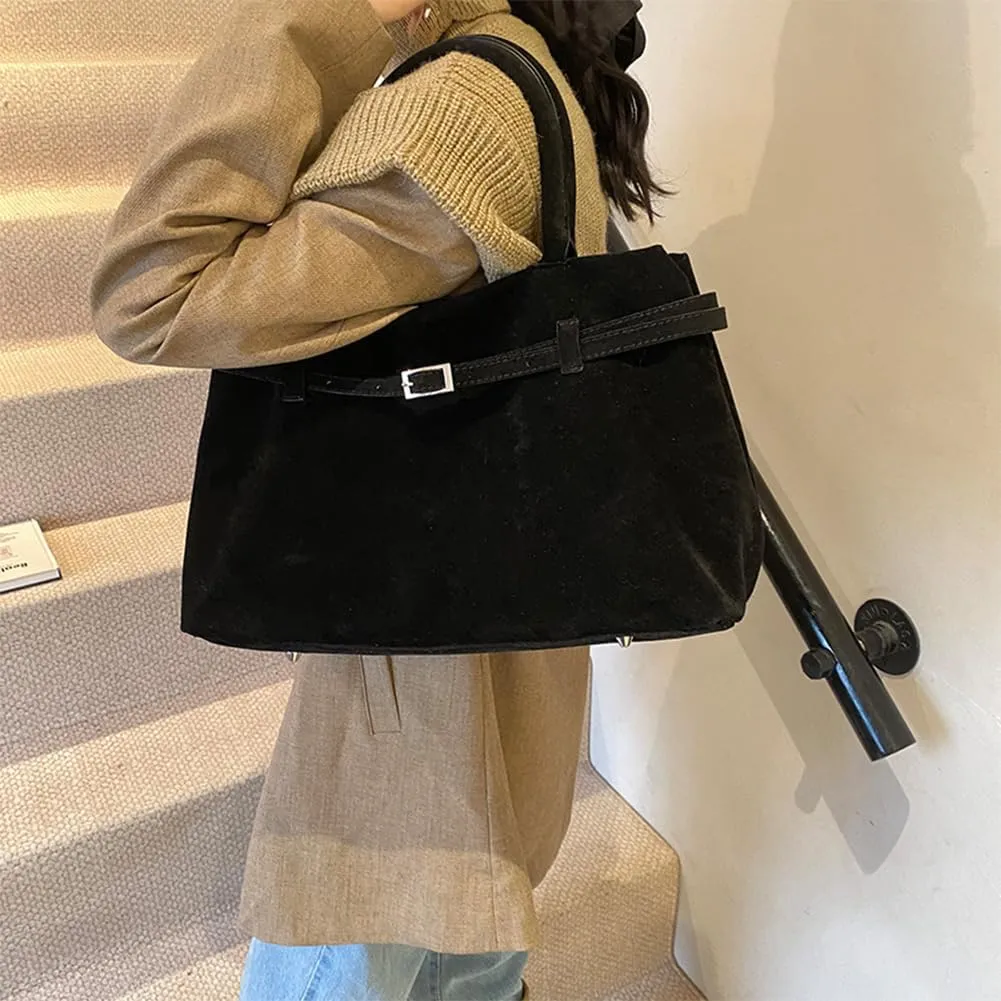 Suede Tote Bag for Women Slouchy Work Tote Bag Faux Suede Top Handle Bag Retro Brown Suede Handbag Purse