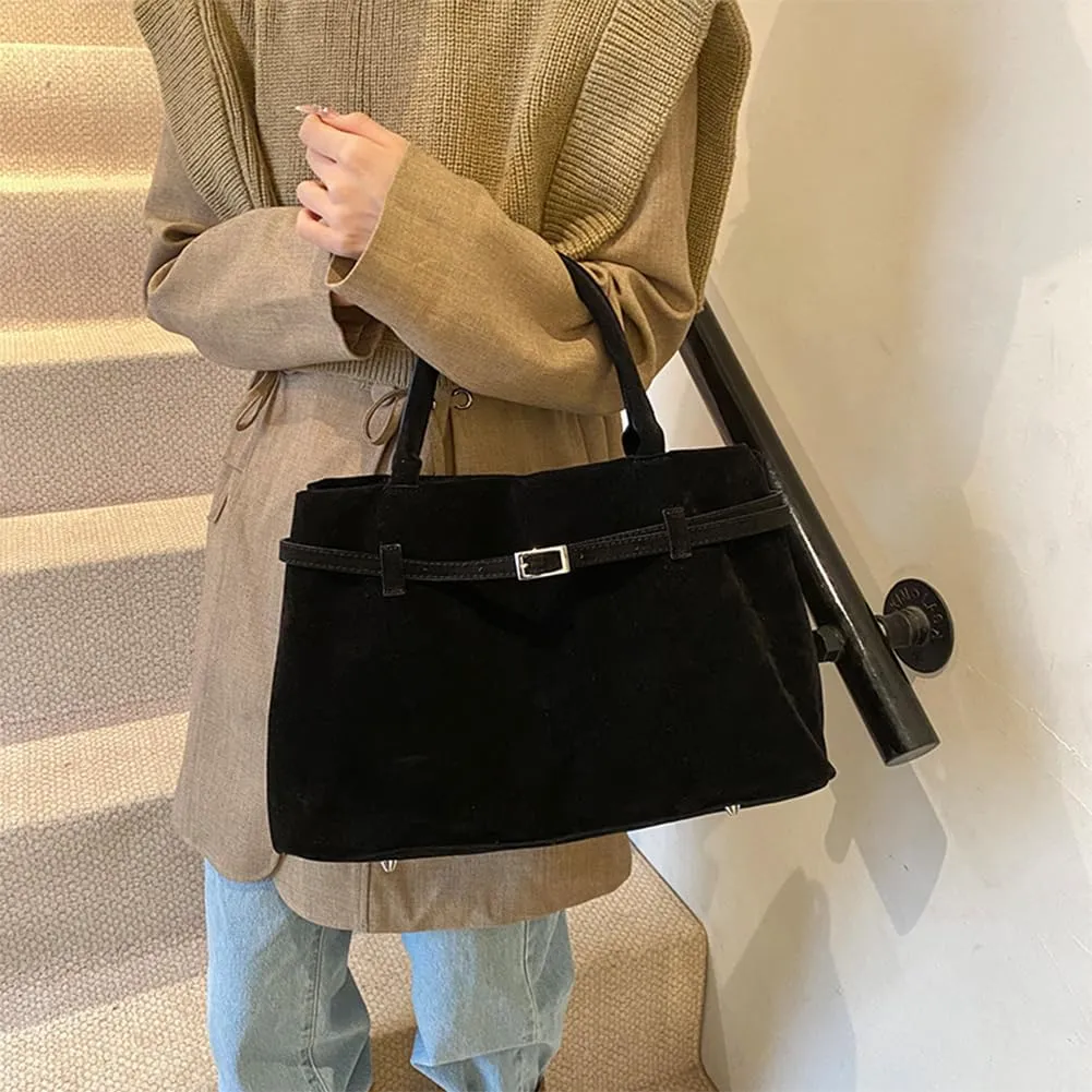 Suede Tote Bag for Women Slouchy Work Tote Bag Faux Suede Top Handle Bag Retro Brown Suede Handbag Purse
