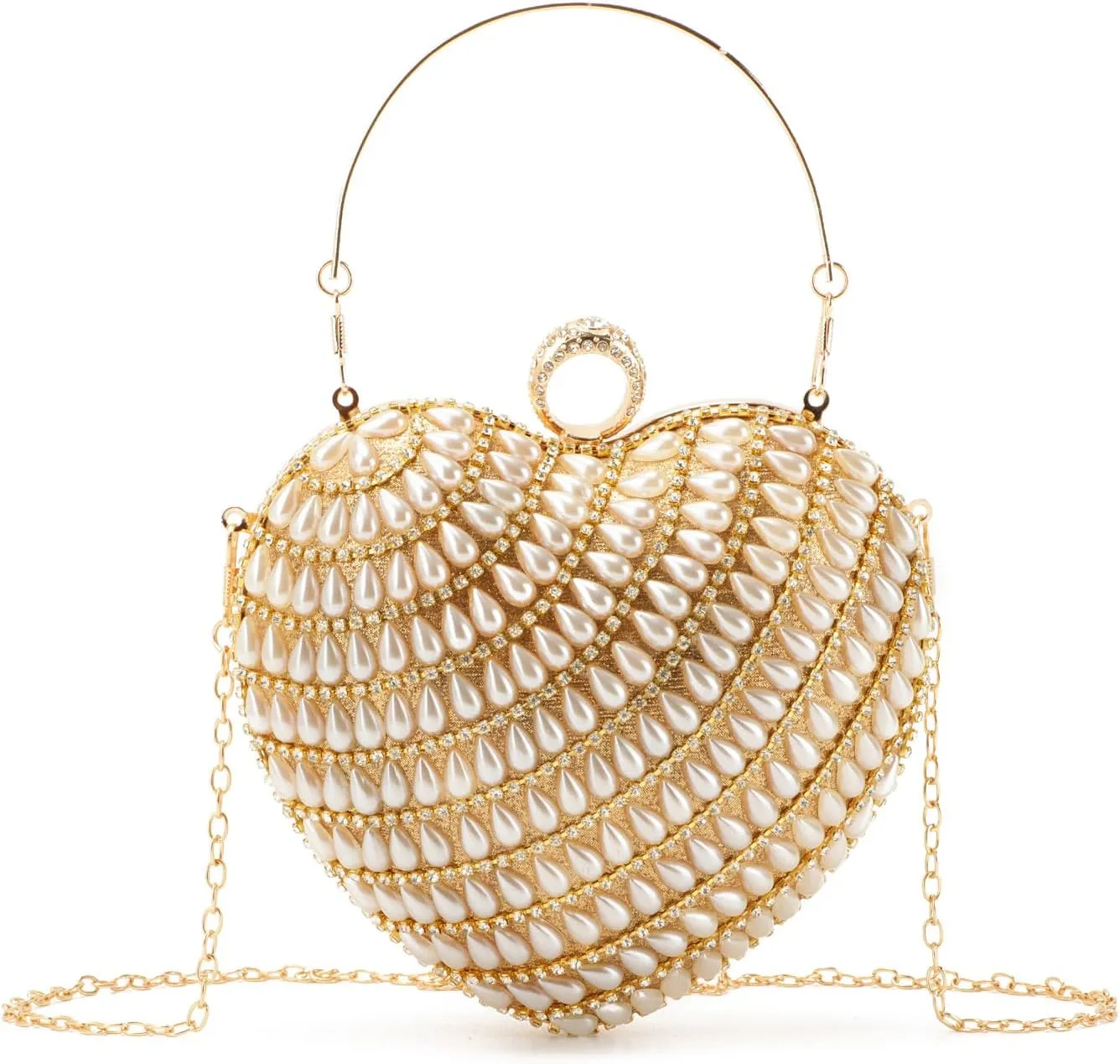 SUKUTU Cute Heart Shape Clutch Bag Women Elegant Pearl Rhinstone Evening Purse Wedding Party Bridal Prom Handbag