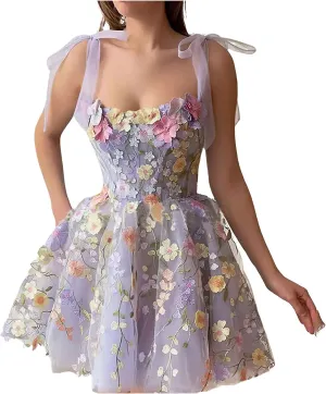 Summer Floral Tie Strap Tulle Prom Dresses for Women 2024 Fairy Embroidery Lace Applique Party Mini Princess Dress
