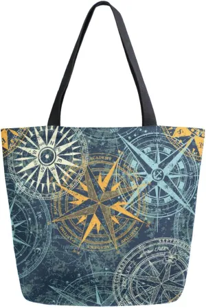 Summer Grunge Compass Canvas Tote Bag Retro Nautical Women Shoulder Bag Reusable Grocery Bags Large Handbag Travel Shopping Bag for School Nursing Gift Outdoors