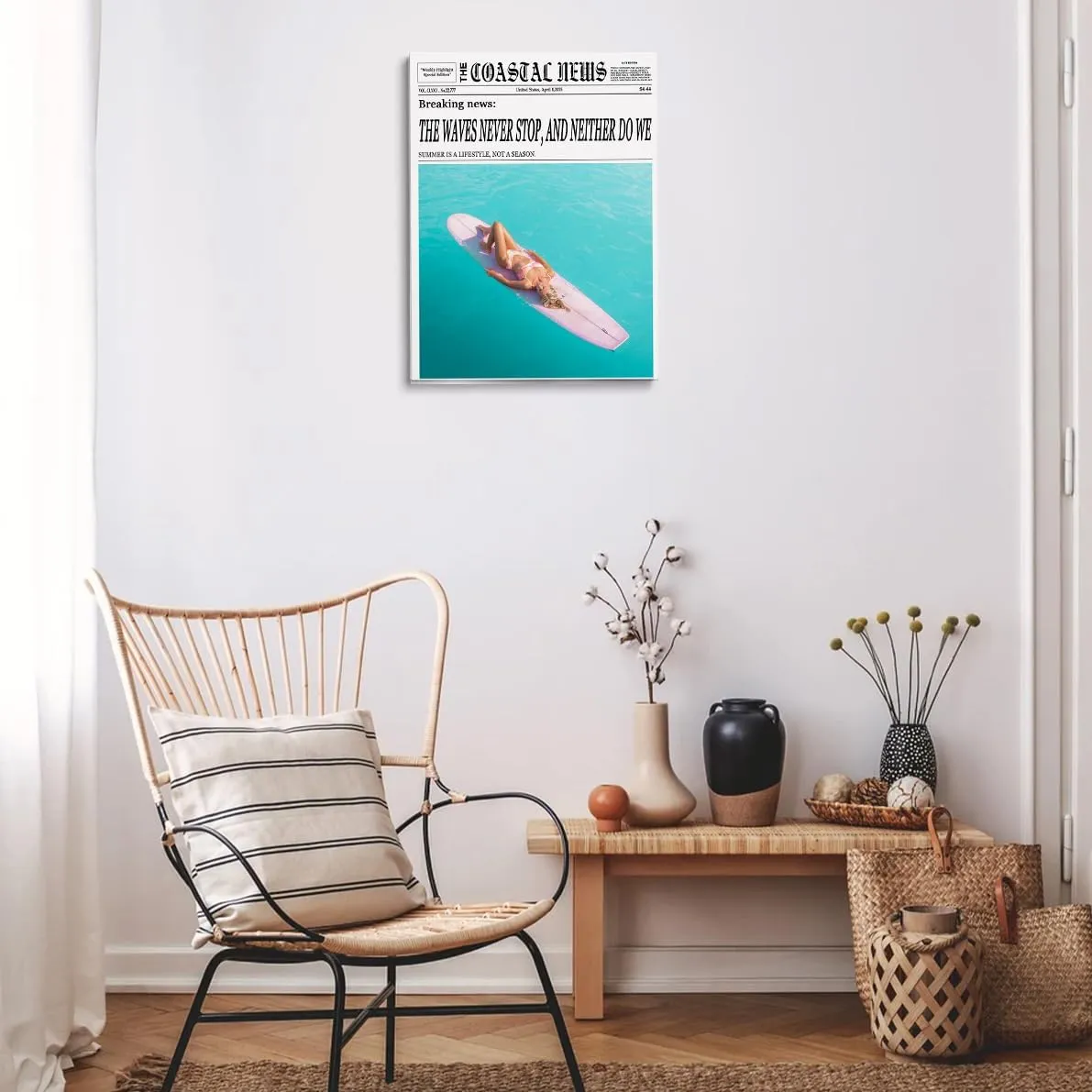 Summer The Coastal Print Wall Art The Waves Never Stop And Neither Do We Black and White Newspaper Canvas Poster Summer Surf Lovers Coastal Living Office Wall Decor 24x36in Large Frame wall art