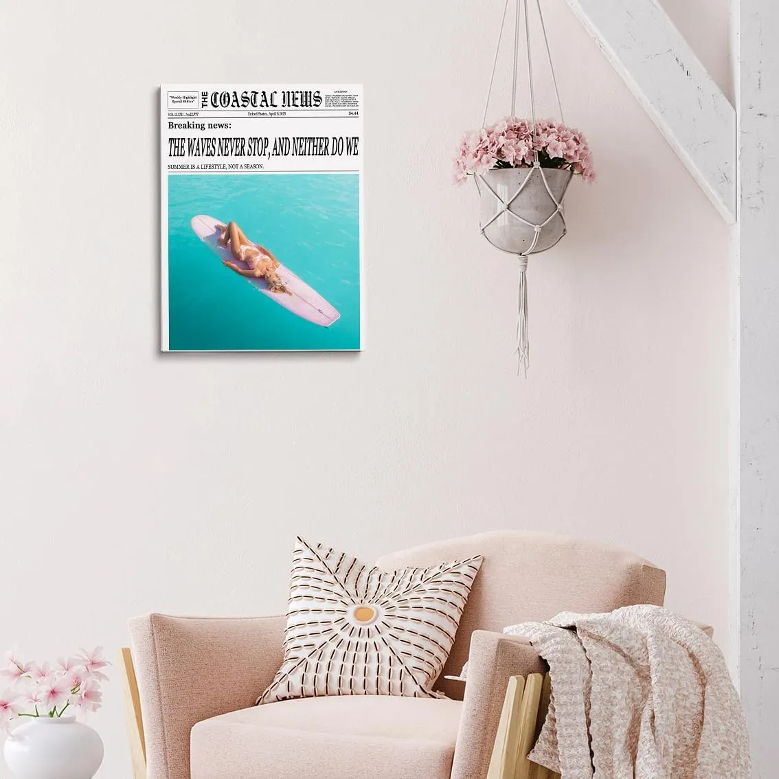 Summer The Coastal Print Wall Art The Waves Never Stop And Neither Do We Black and White Newspaper Canvas Poster Summer Surf Lovers Coastal Living Office Wall Decor 24x36in Large Frame wall art