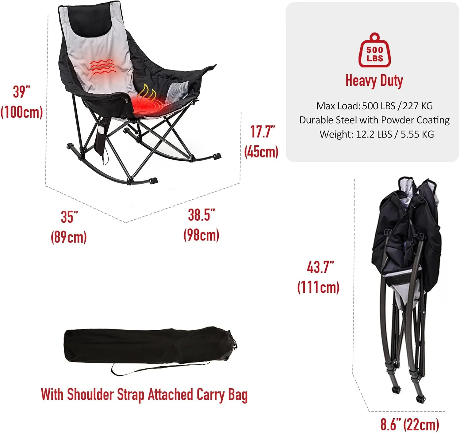 SUNNYFEEL Heated Rocking Camping Chair | Fully Padded Patio Chairs | Heating Camp Rocker Chairs for Outdoor Sports with Back and Seat Heating | Heated Folding Chair for Adults Heavy Duty 500lbs