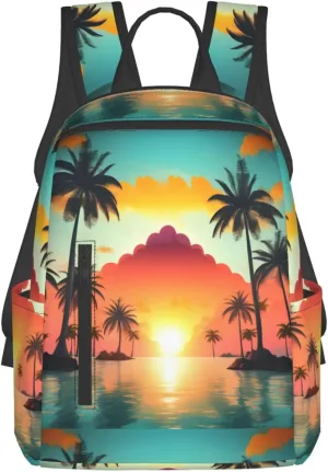 Sunrise Tropical Palm Tree Island Lightweight Backpack Travel Shoulder Bag with Stylish Print, Leisure Day Trips Shopping Backpack