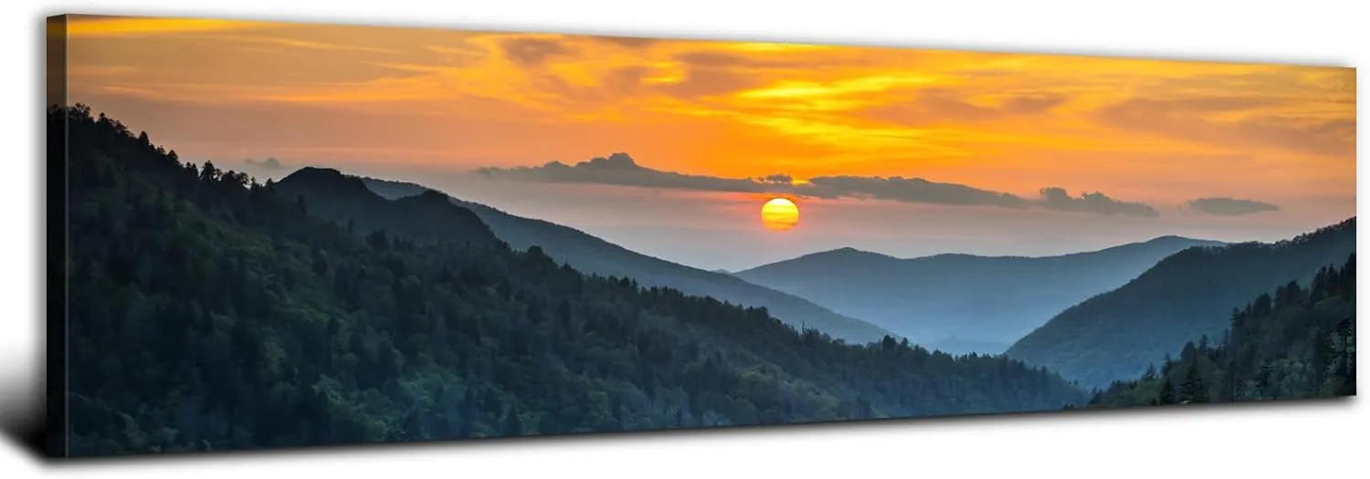Sunset Mountain Canvas Wall Art for Living Room Nature Wall Decor Smoky Blue Ridge Mountain Landscape Picture Prints Painting National Park Poster Misty Forest Scenic Artwork Office Decorations 14x48”
