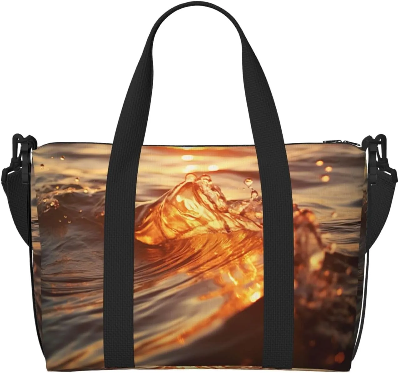 Sunset Sunrise Ocean Sea Print Tote Crossbody Travel Bag with Zip Casual Handbag for Weekend Trips and Gym Shopping, Black, One Size, Travel Tote
