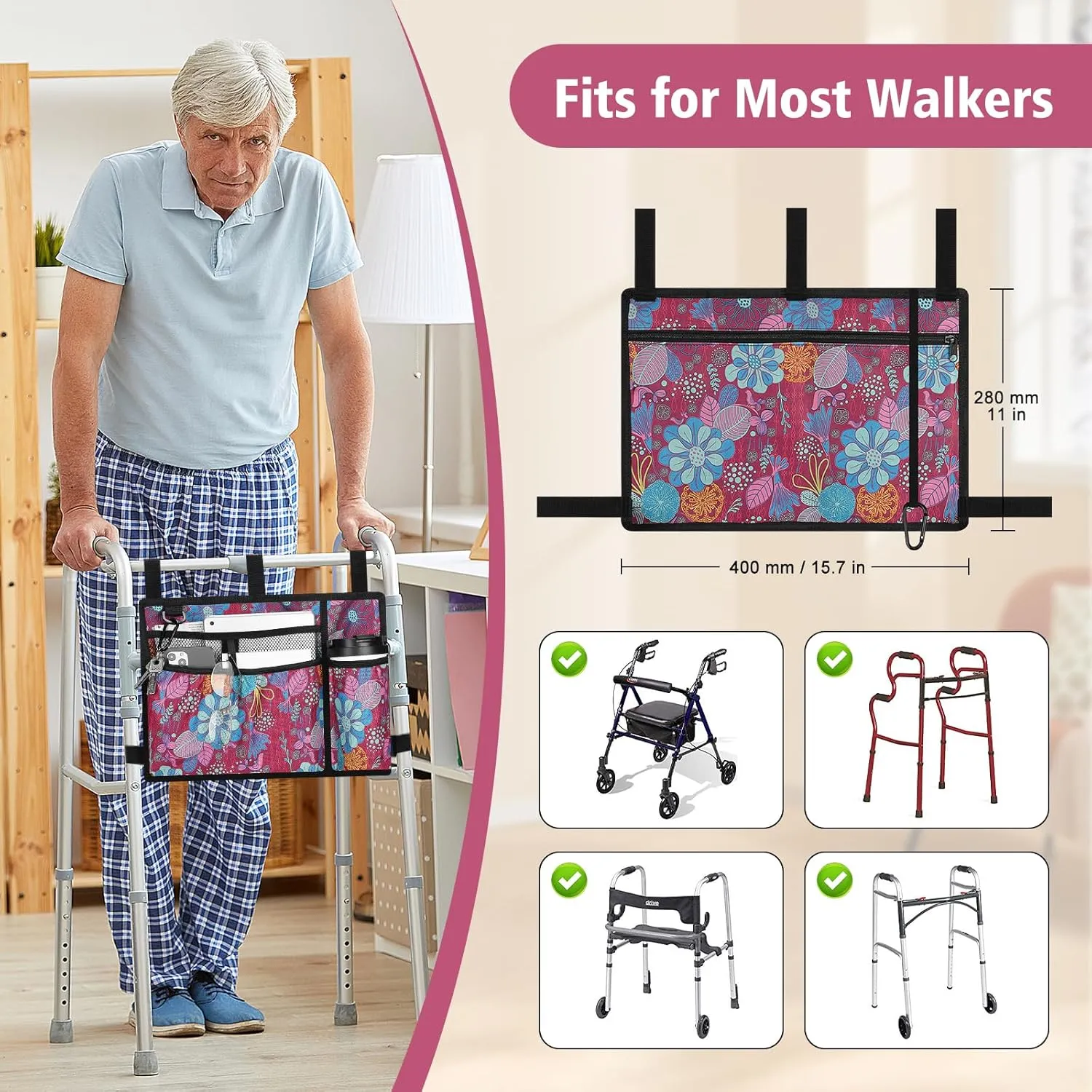 supregear Accessories Bag for Walker, Wheelchair, Rollator - Walker Basket Bag w/Cup Holder - Seniors Caddy Attachment Pouch for Walkers, Water Resistant Large Capacity Carry Storage Carrier Tote
