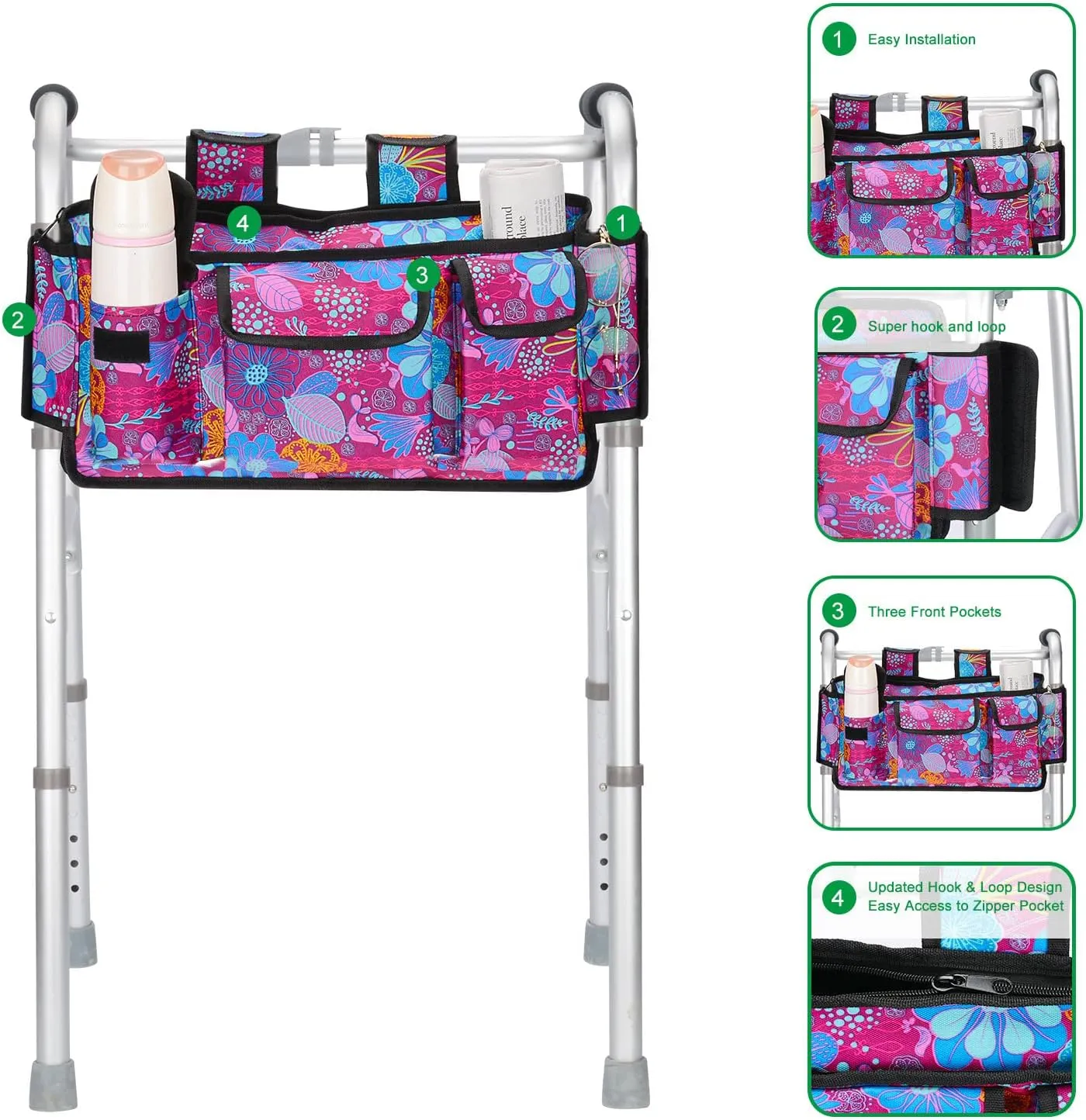 supregear Walker Bag Basket, Multi Pockets Folding Walker Pouch with Cup Holder and Zipper Compartment for Seniors, Water Resistant Walker Attachment Accessories Storage Bag