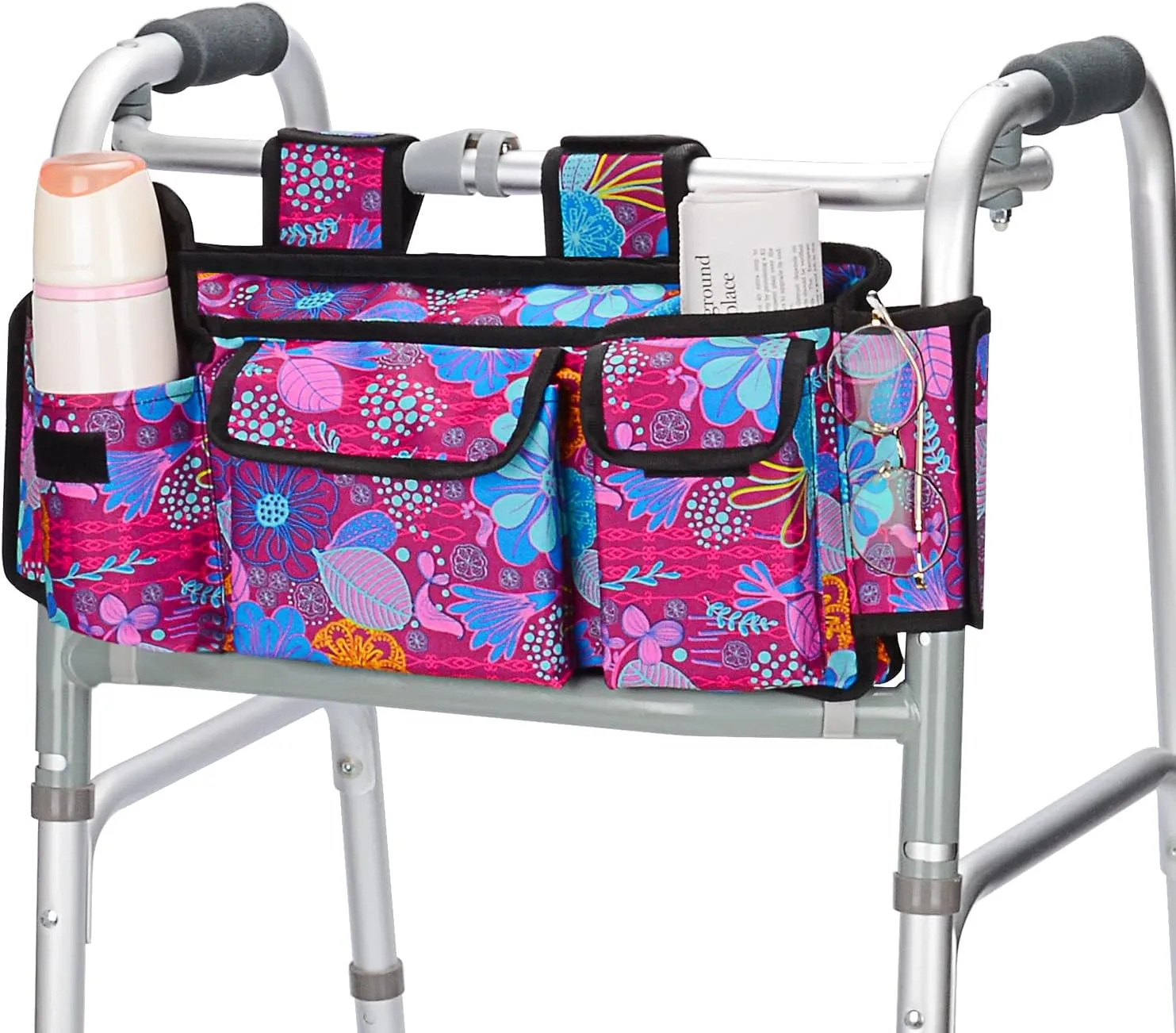 supregear Walker Bag Basket, Multi Pockets Folding Walker Pouch with Cup Holder and Zipper Compartment for Seniors, Water Resistant Walker Attachment Accessories Storage Bag