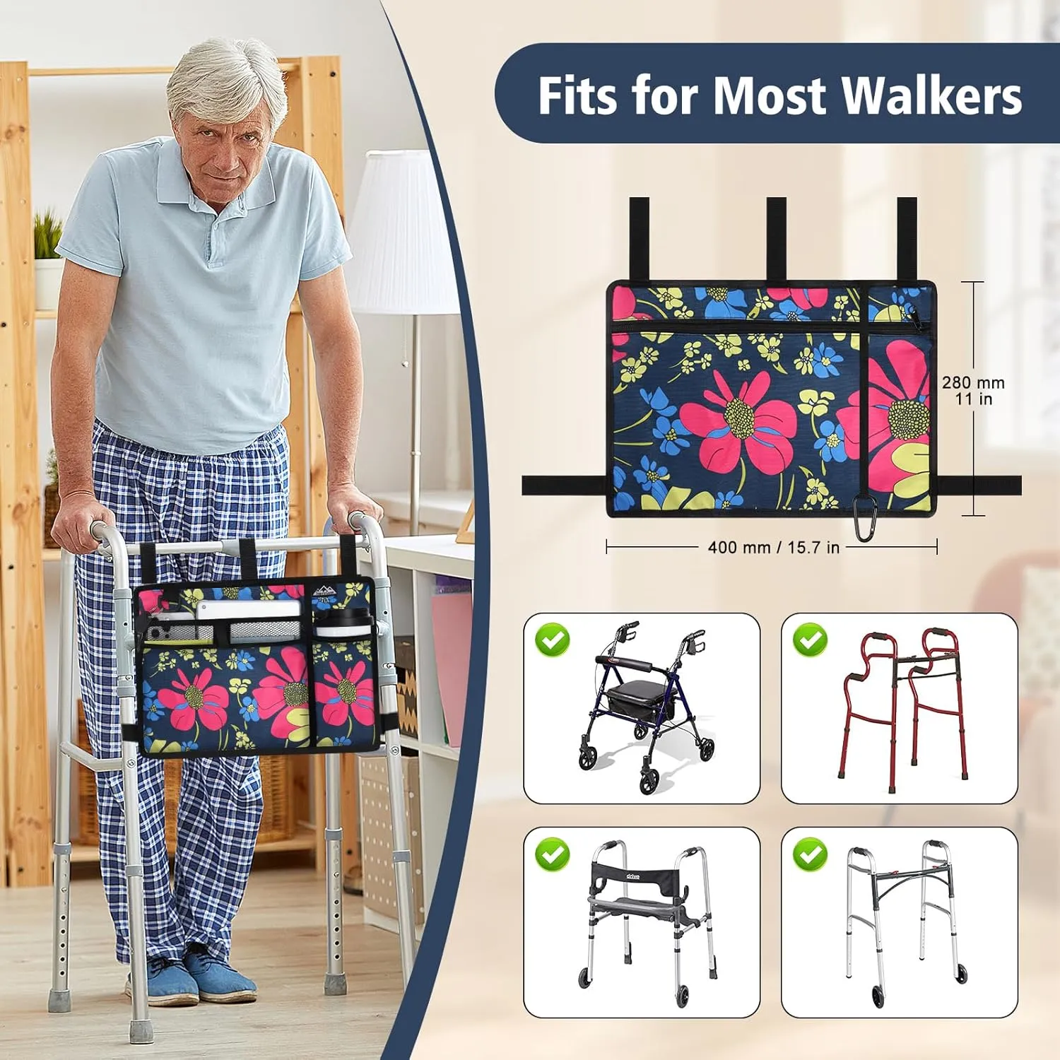 supregear Walker Bag, Walker Basket w/Cup Holder, Folding Walker Carry Storage Pouch, Seniors Caddy Attachment Accessories for Rollator, Water Resistant Large Capacity Carrier Tote Elderly, Handicap