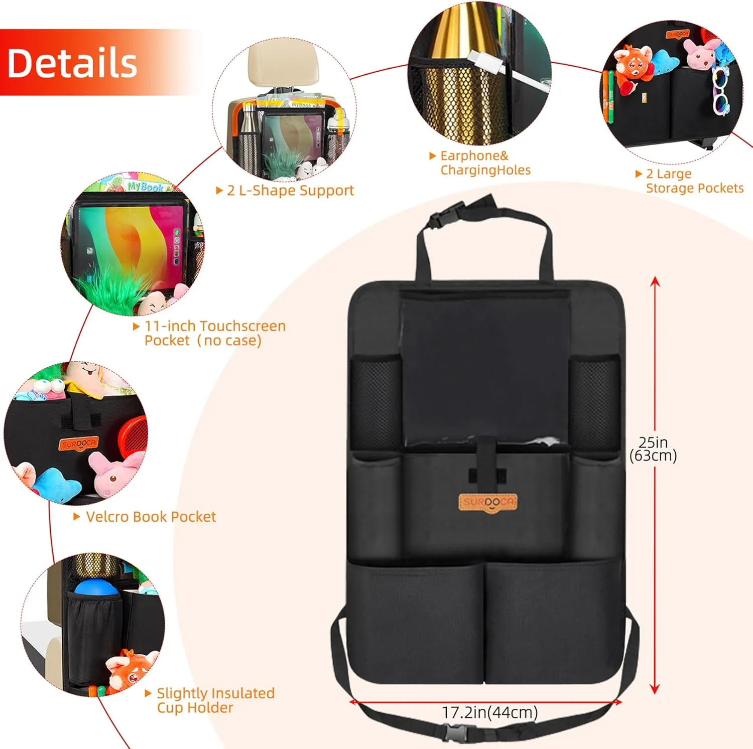 SURDOCA Car Organizers and Storage, Upgraded Car Seat Organizer with 11-inch Touch Screen Tablet Holder, Backseat Car Organizer with 8 Pockets, Car Seat Protector Road Trip Essentials for Kids