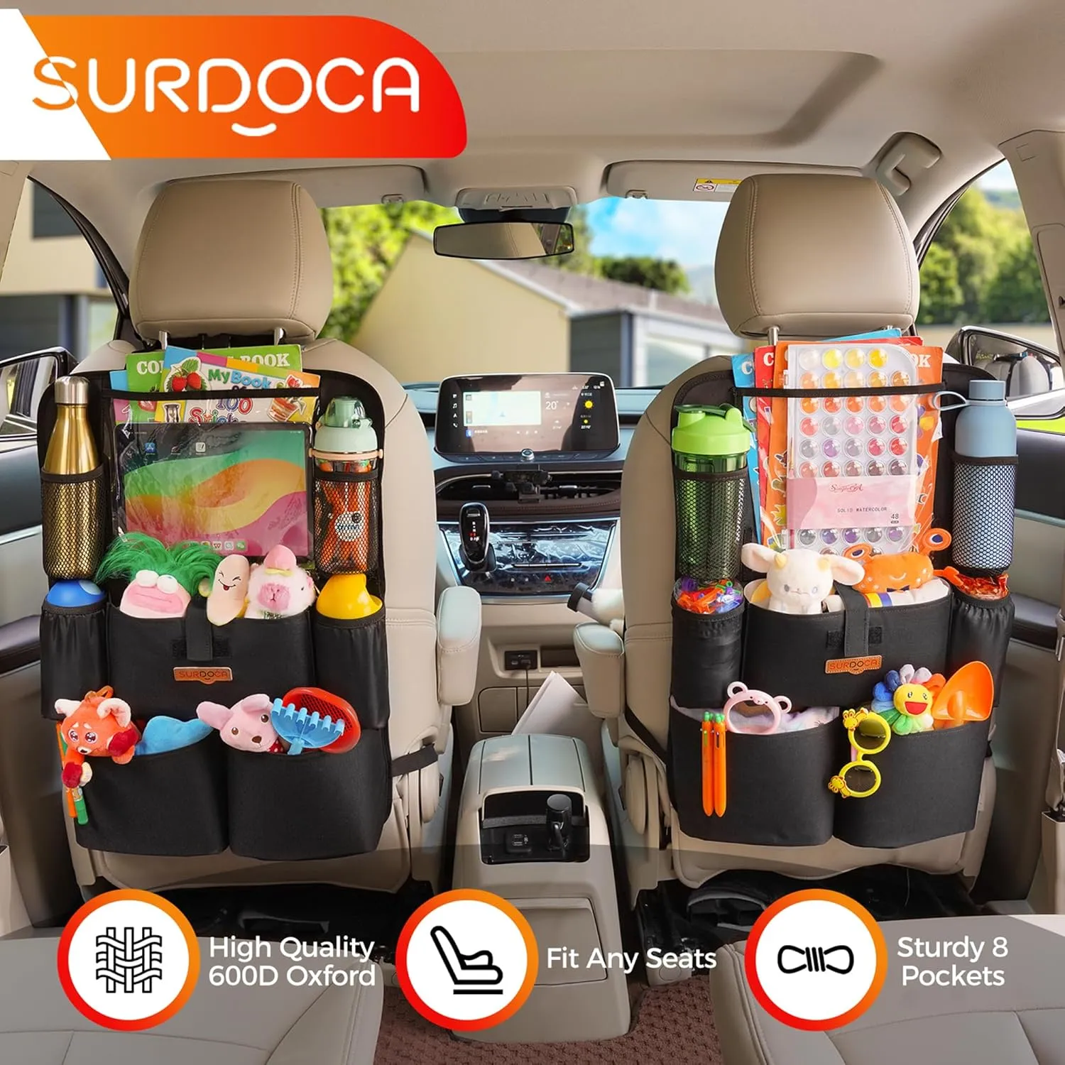 SURDOCA Car Organizers and Storage, Upgraded Car Seat Organizer with 11-inch Touch Screen Tablet Holder, Backseat Car Organizer with 8 Pockets, Car Seat Protector Road Trip Essentials for Kids