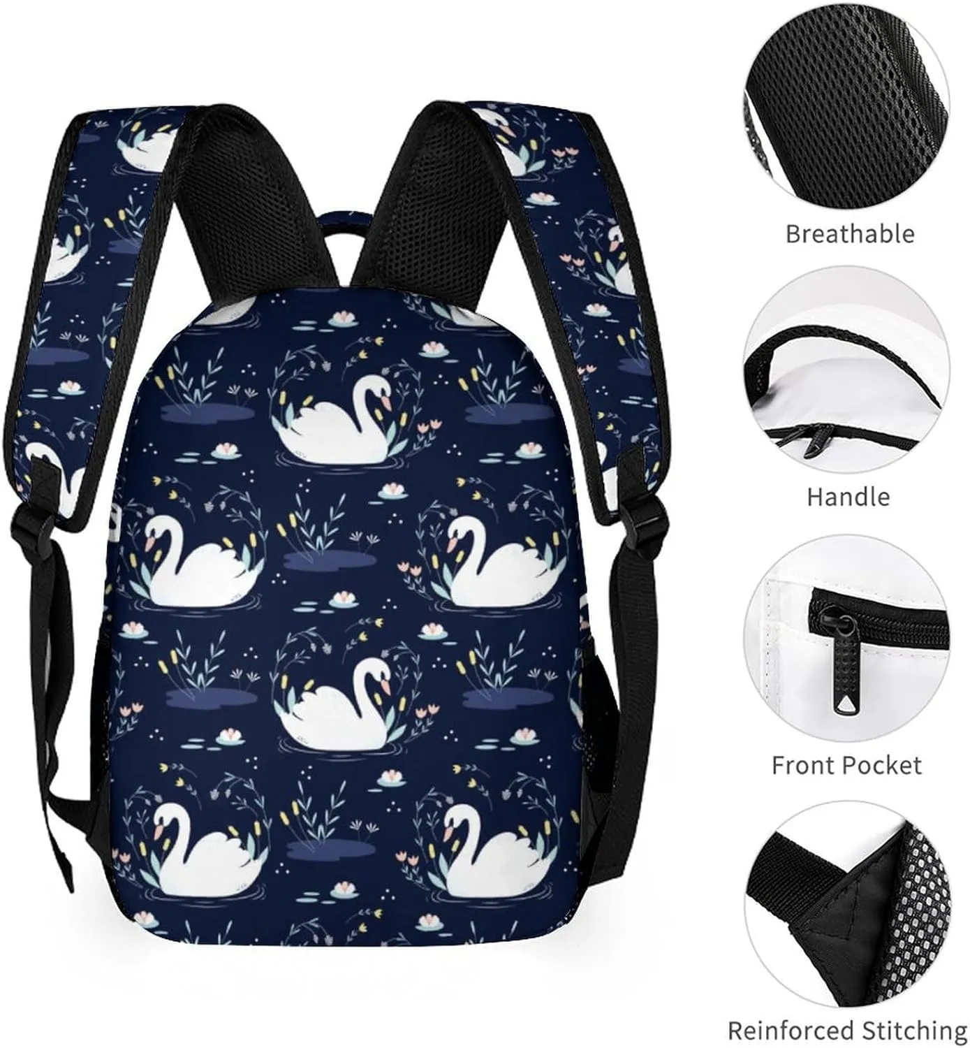 Swan Backpack for Kids Girls Boys School, 16 Inches Cute Swans Theme Bookbag, Adjustable, Lightweight, Large Capacity, Colorful Daily Casual Backpacks