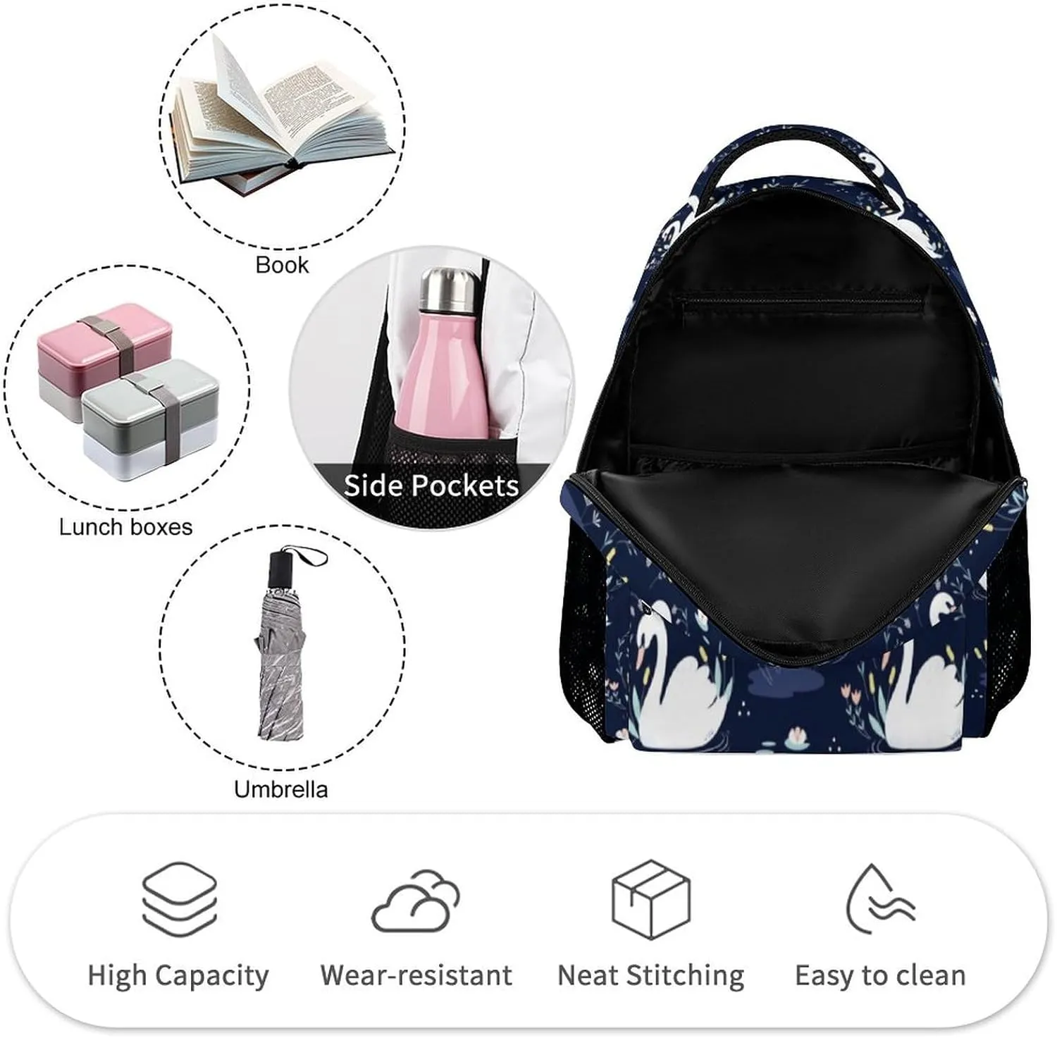 Swan Backpack for Kids Girls Boys School, 16 Inches Cute Swans Theme Bookbag, Adjustable, Lightweight, Large Capacity, Colorful Daily Casual Backpacks