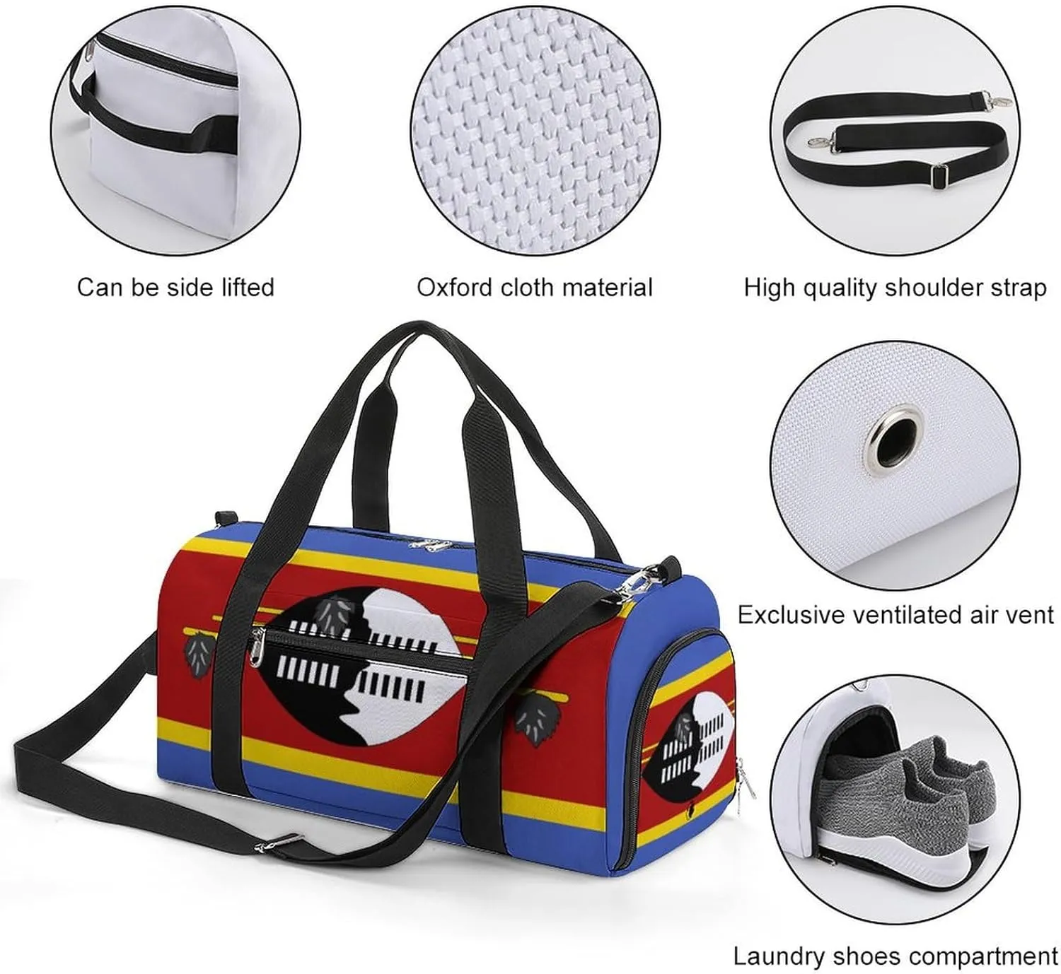 Swaziland Flag Sports Duffel with Wet Pocket and Shoe Compartment Gym Bag for Travel Yoga