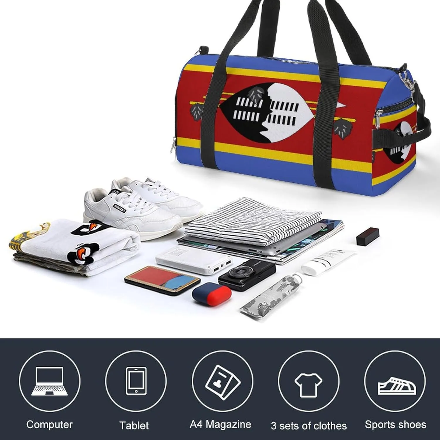 Swaziland Flag Sports Duffel with Wet Pocket and Shoe Compartment Gym Bag for Travel Yoga