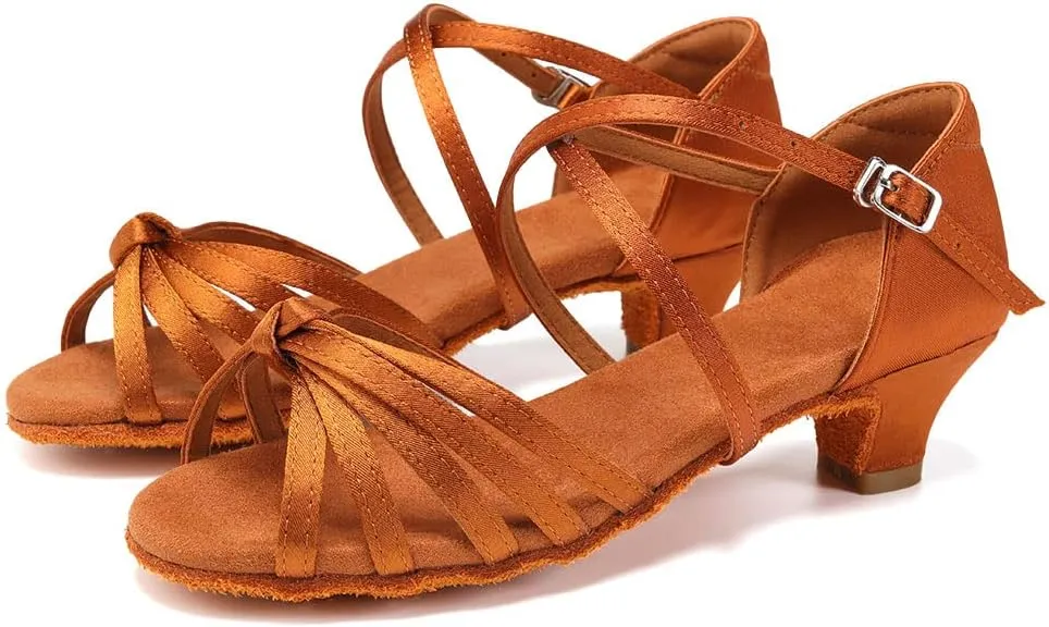 SWDZM Girls Latin Dance Shoes Satin Suede Sole Ballroom Salsa Tango Professional Performance Practice Dance Shoes